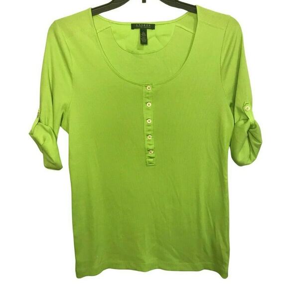 Lauren Ralph Lauren Tops - Lauren Ralph Lauren Womens Green Henley Knit Top Large Scoop Neck Roll Tab